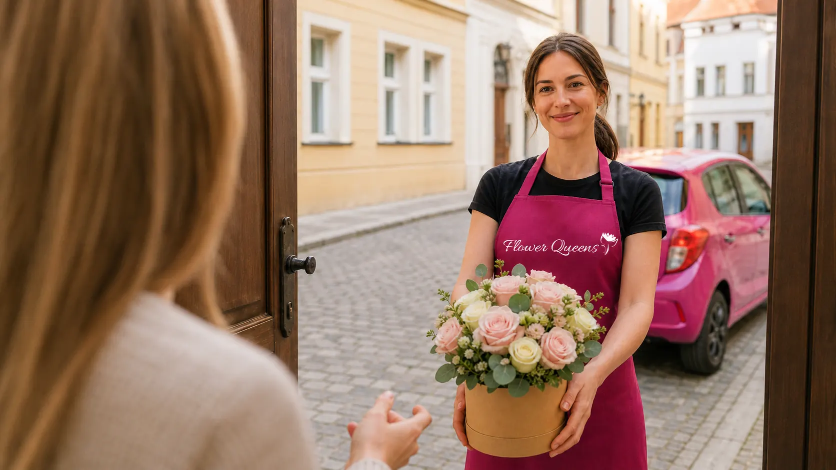 Floristka Flower Queens v růžové zástěře doručuje květinový box s růžemi